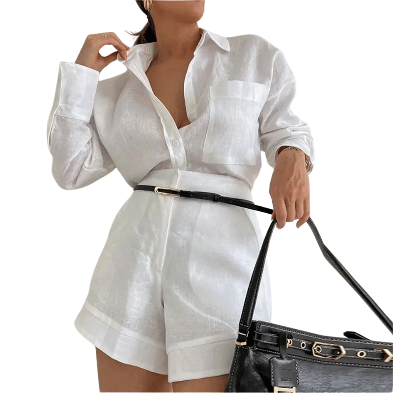 Conjunto Feminino de Shorts Cintura Alta e Blusa de Manga Longa Branco - Vilumagazine