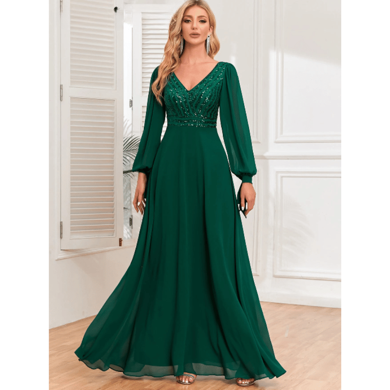 Vestido Noite Maxi com Lantejoulas Manga Longa Verde - Vilumagazine