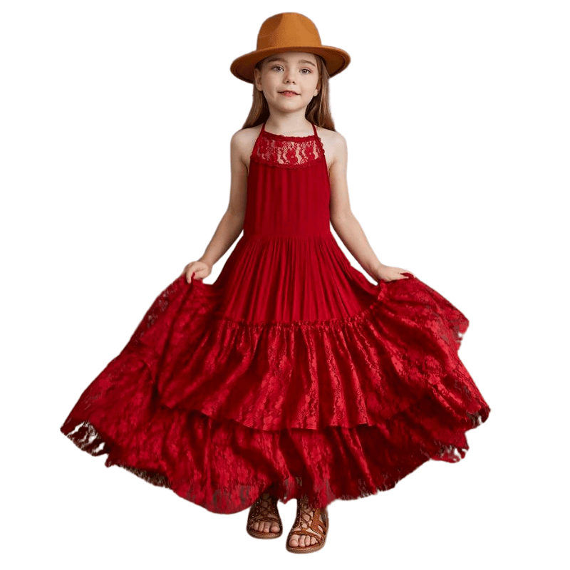 Vestido Infantil Longo de Renda Princesa Sem Mangas Vinho - Vilumgazine