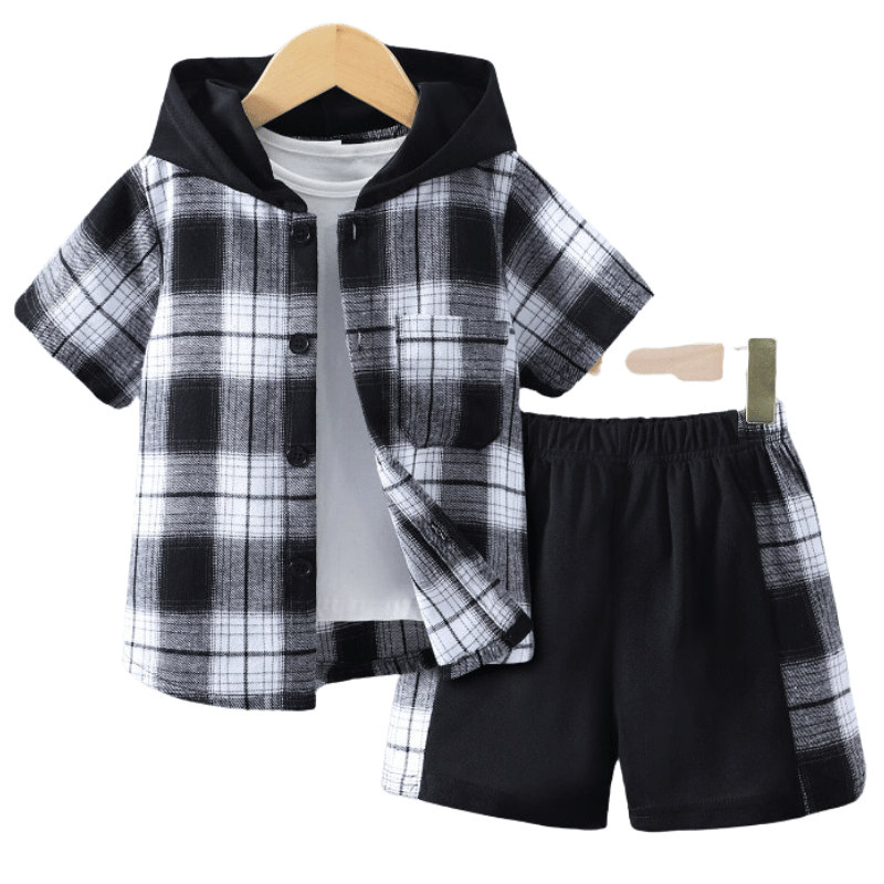 Conjunto Infantil Para Meninos Camisa com Capuz e Bermuda 2Pcs Preto e Branco- Vilumagazine