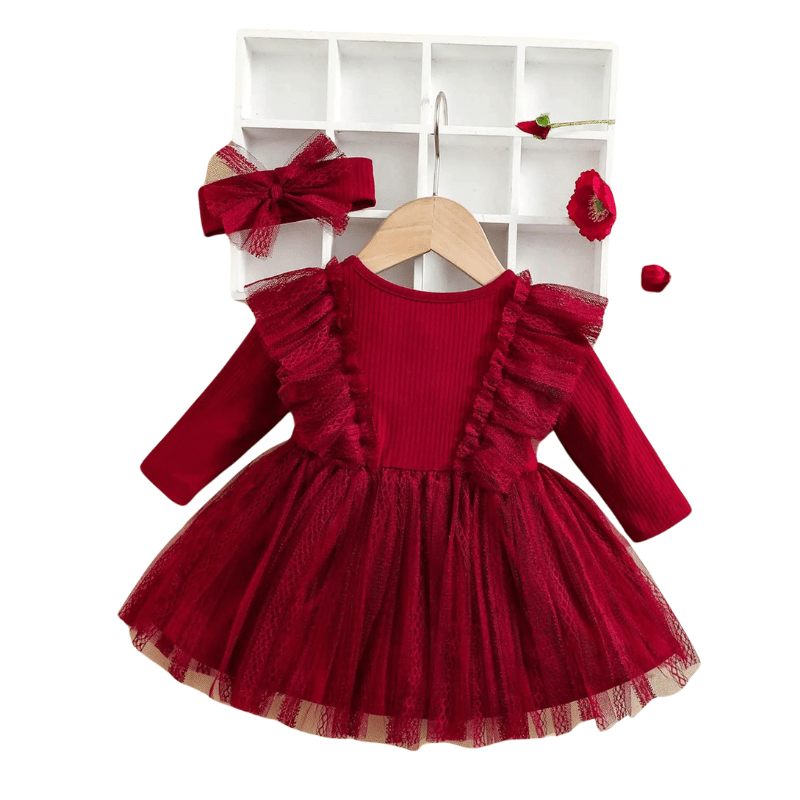 Vestido Infantil Romântico de Malha com Laço de Cabeça Vermelho - Vilumagazine