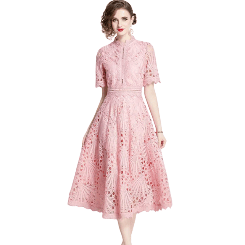 Vestido Vintage Renda Vazada Elegante Rosa - Vilumagazine