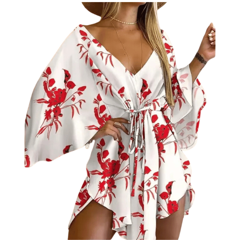 Vestido Feminino Mini com Estampa Floral Branco e Vermelho - Vilumagazine