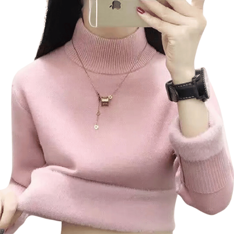 Suéter Feminino de Inverno com Gola Alta e Forro de Veludo Rosa - Vilumagazine