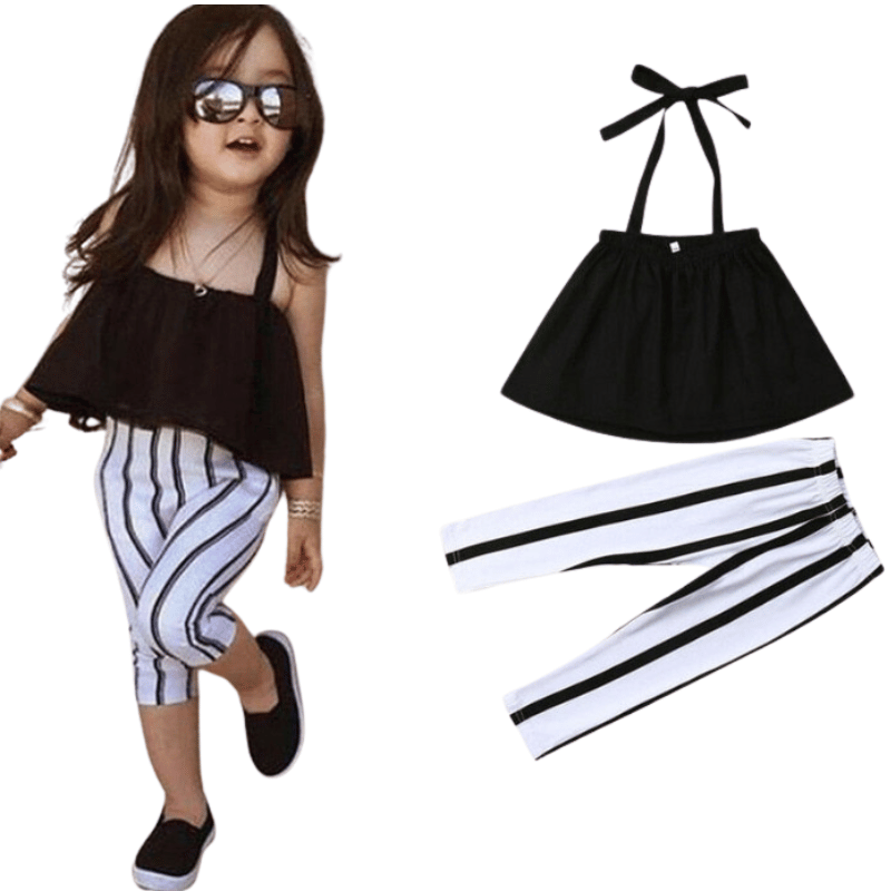 Conjunto Infantil Top e Calça Listrada Preto e Branco - Vilumagazine