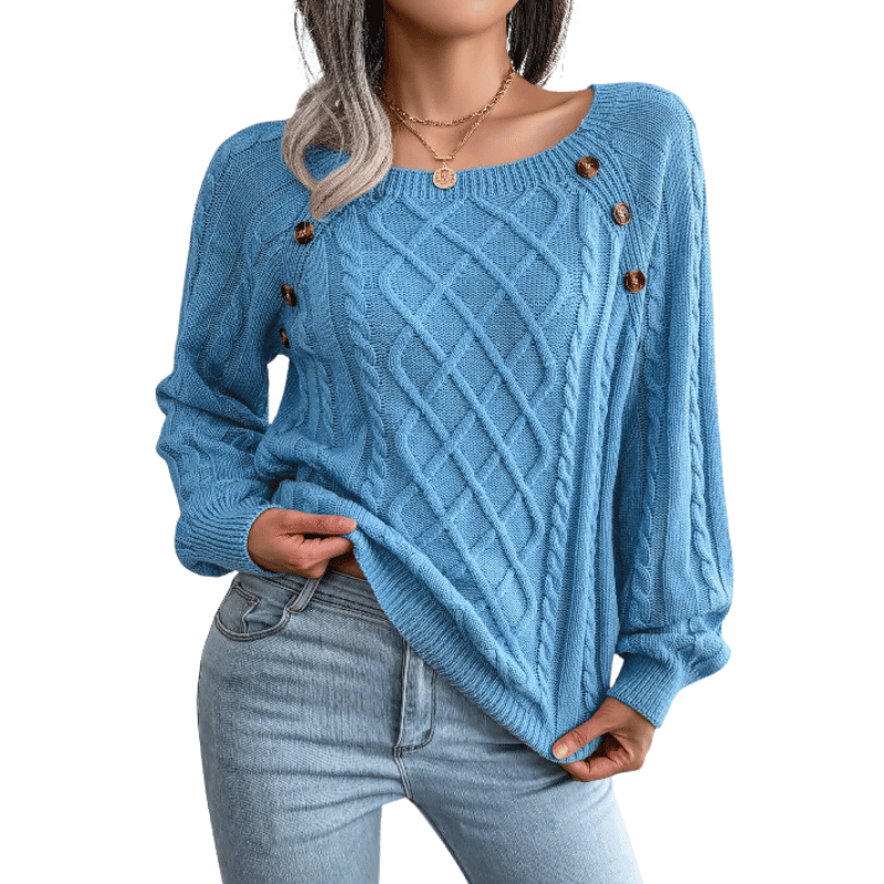 Blusa Feminina de Malha Casual com Gola Quadrada e Botões Azul - Vilumagazine