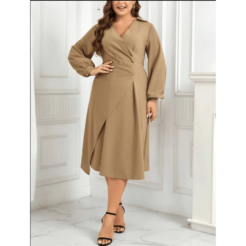 Vestido Longo de Manga Comprida Plus Size Champanhe - Vilumagazine