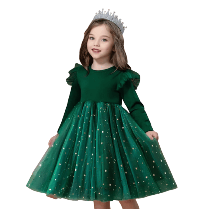 Vestido Infantil Manga Longa e Tule Tutu Verde - Vilumagazine