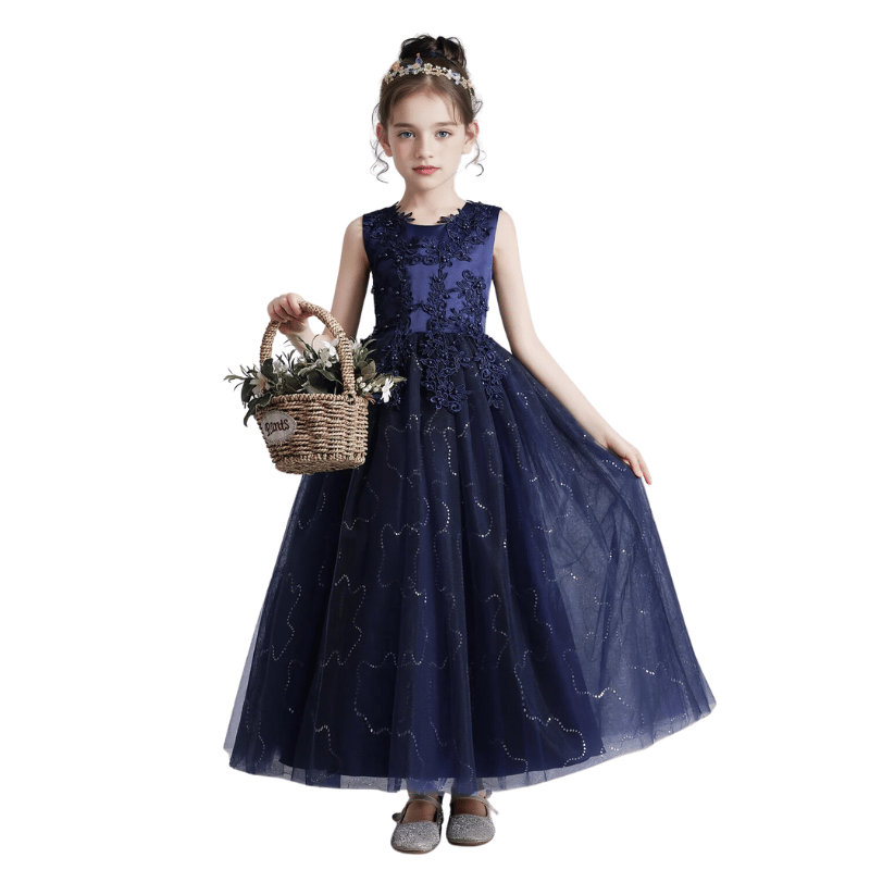 Vestido Infantil Com Renda e Tule Princesa Azul Escuro - Vilumagazine