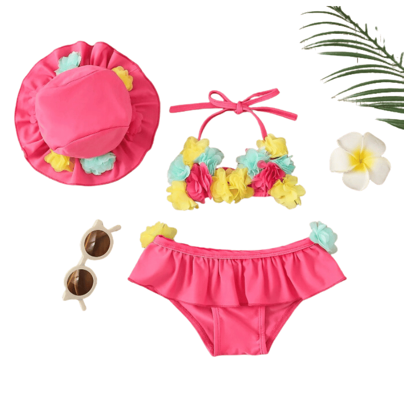 Conjunto Biquini Infantil Bebê Três Peças Floral- Rosa- Vilumagazine