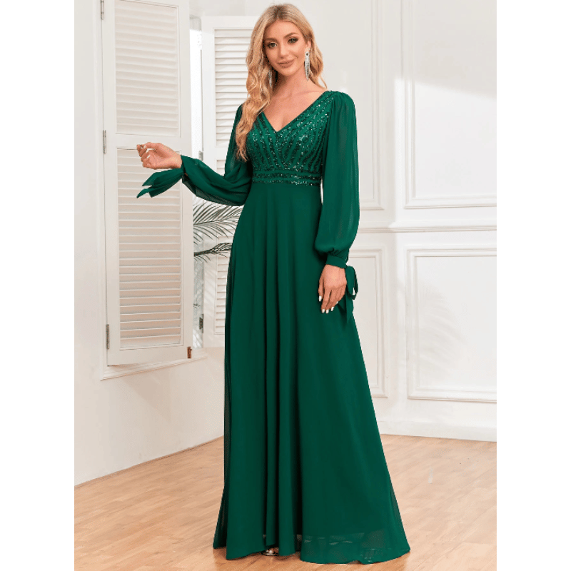 Vestido Noite Maxi com Lantejoulas Manga Longa Verde - Vilumagazine