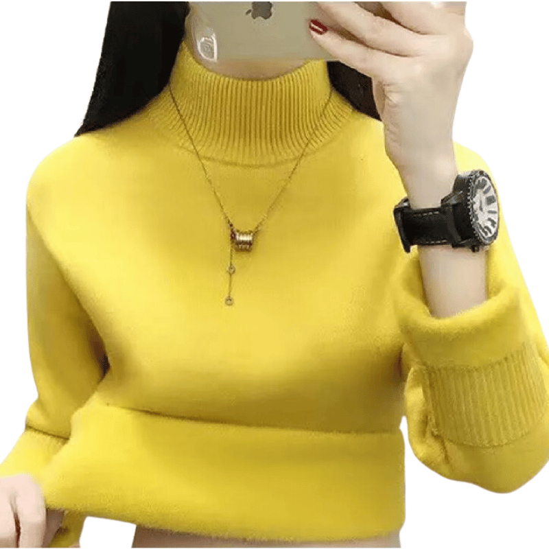 Suéter Feminino de Inverno com Gola Alta e Forro de Veludo Amarelo - Vilumagazine