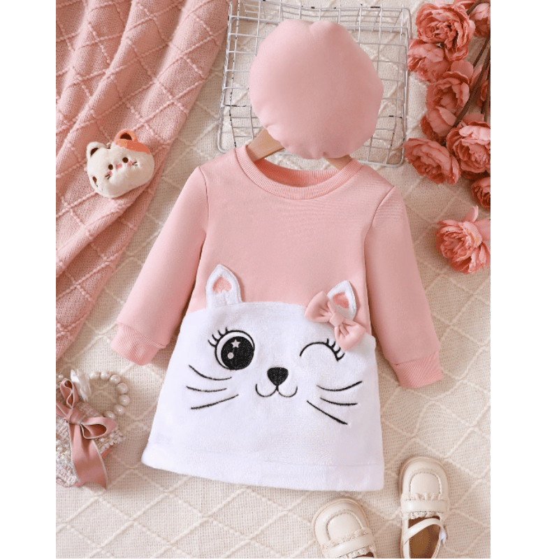 Vestido Gatinho Manga Longa com Chapéu Rosa - Vilumagazine