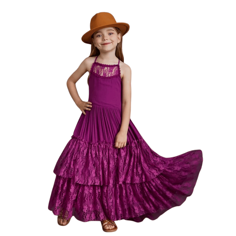 Vestido Infantil Longo de Renda Princesa Sem Mangas Roxo - Vilumgazine