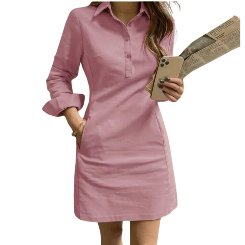 Vestido Estilo Camisa Elegante de Manga Longa Rosa Claro- Vilumagazine