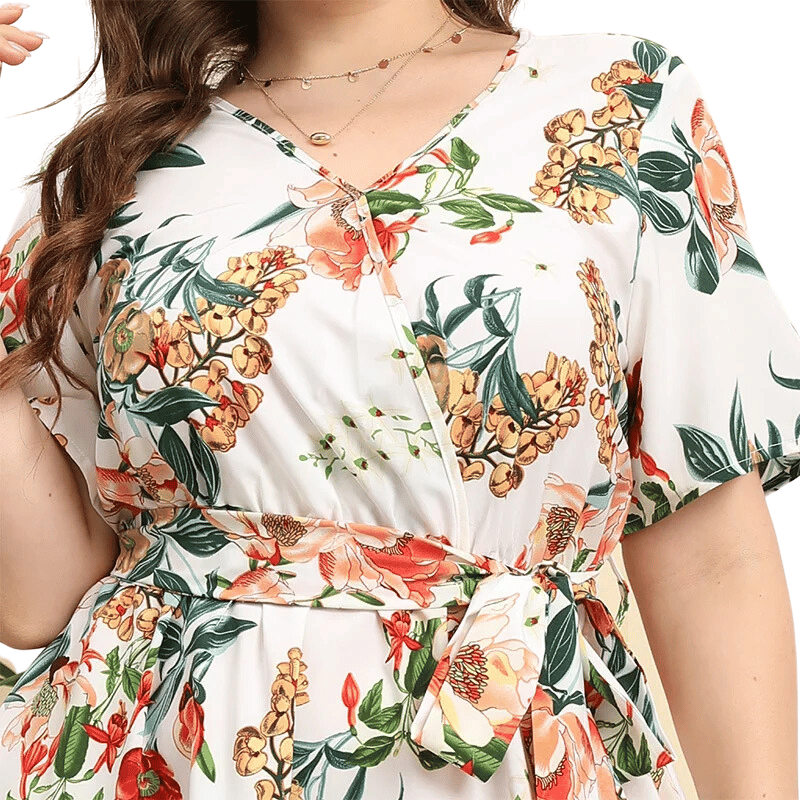 Vestido Floral com Cinto Gola em V Bege - Vilumagazine