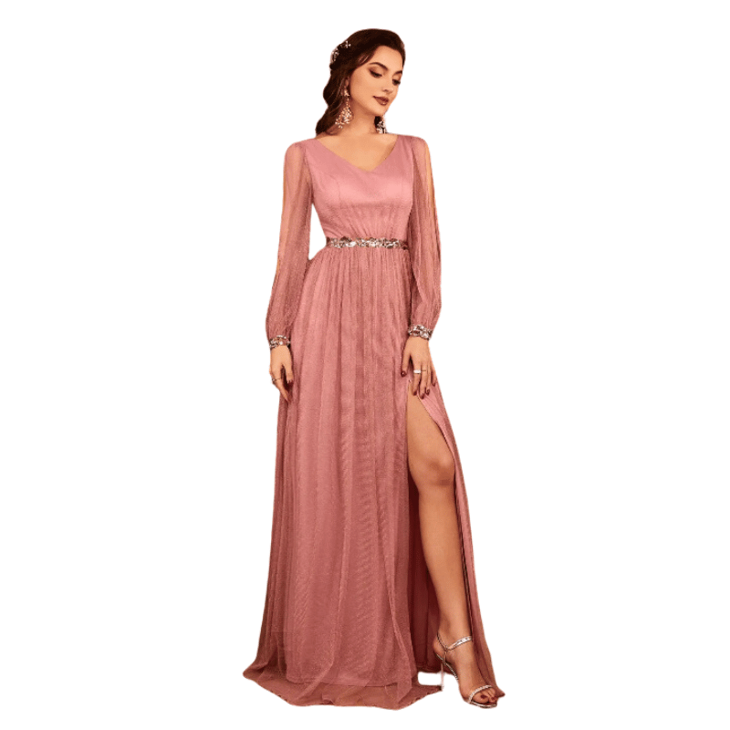 Vestido de Noite Leve e Elegante com Fenda Rosa - Vilumagazine