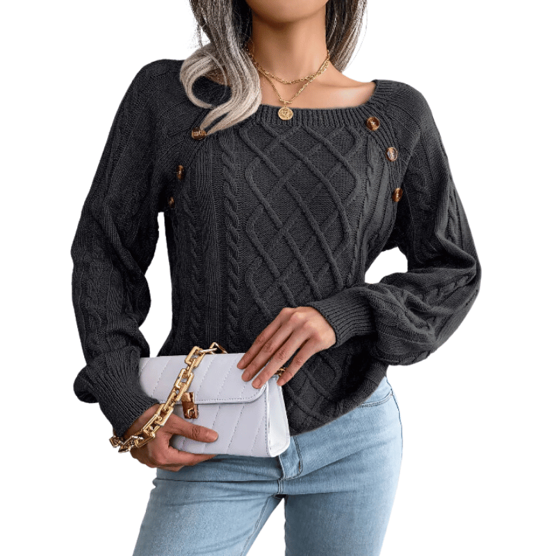 Blusa Feminina de Malha Casual com Gola Quadrada e Botões Preto - Vilumagazine