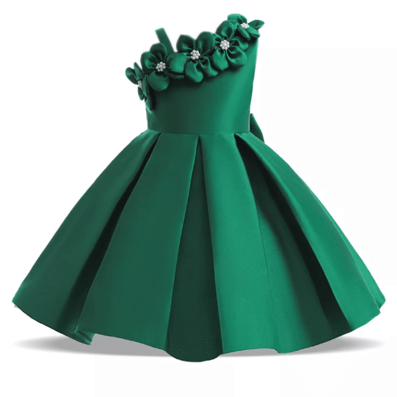 Vestido de Festa Infantil Laço e Flores Verde Escuro - Vilumagazine