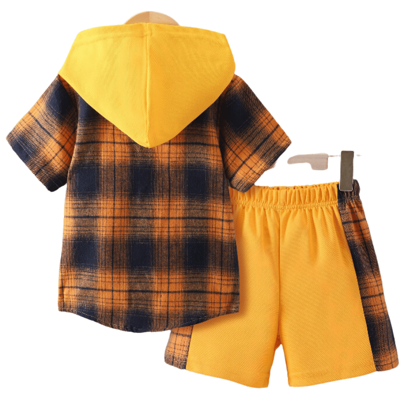 Conjunto Infantil Para Meninos Camisa com Capuz e Bermuda 2Pcs Amarelo e Marrom- Vilumagazine