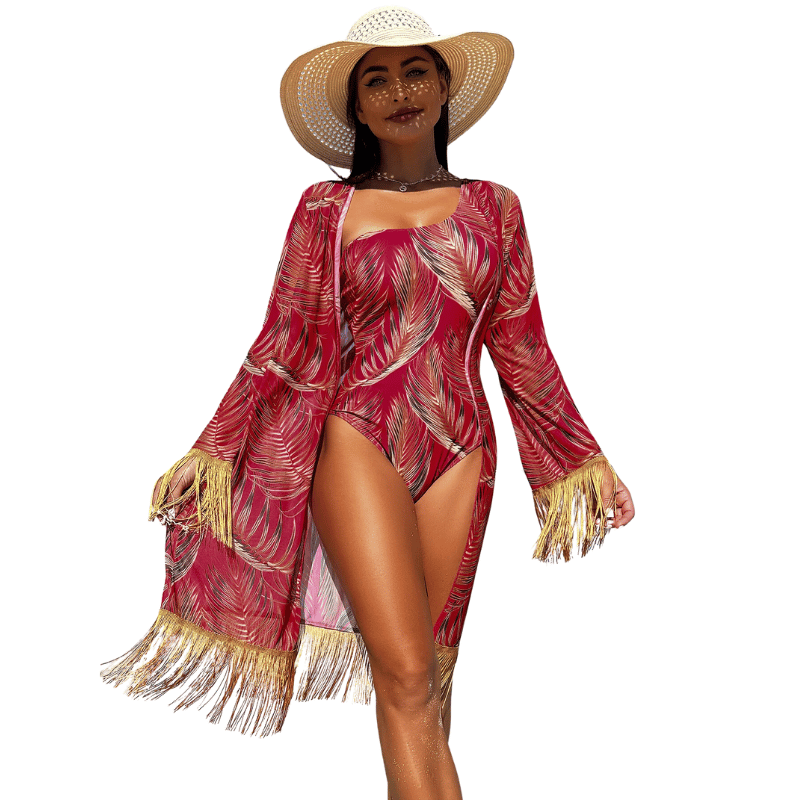 Conjunto de Maiô Um Ombro e Saída e Praia Vermelho Vinho - Vilumagazine