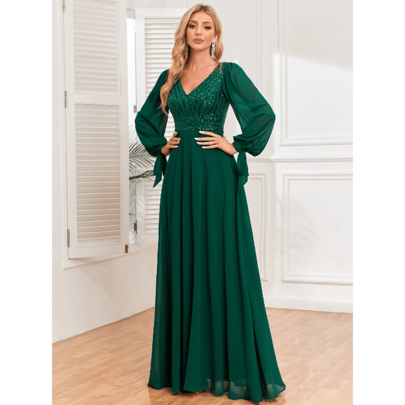 Vestido Noite Maxi com Lantejoulas Manga Longa Verde - Vilumagazine