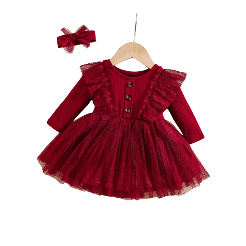 Vestido Infantil Romântico de Malha com Laço de Cabeça Vermelho - Vilumagazine