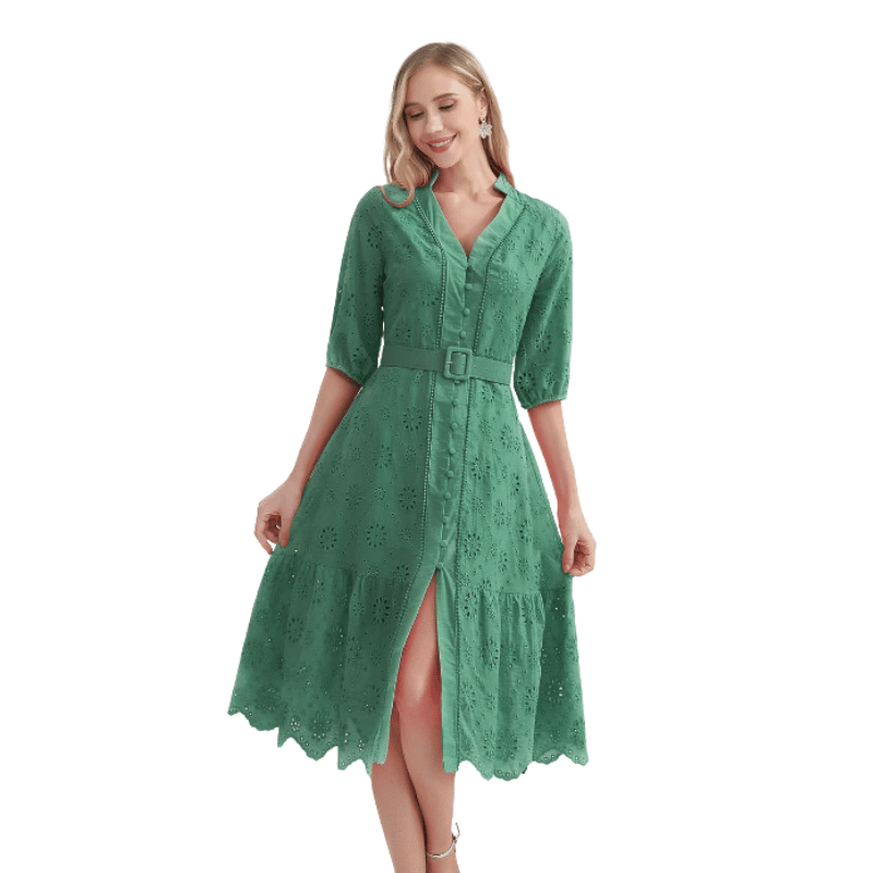 Vestido de Verão Casual e Elegante com Detalhes Vazados Verde - Vilumagazine