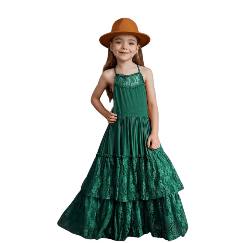 Vestido Infantil Longo de Renda Princesa Sem Mangas Verde - Vilumgazine