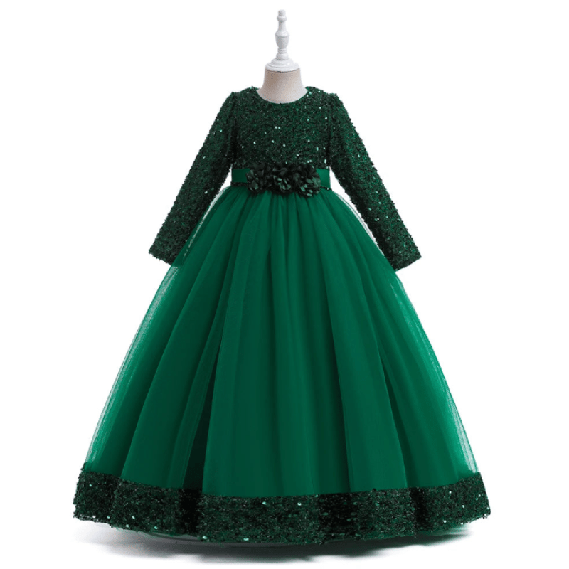 Vestidos de Festa Infantil Estilo Princesa Com Manga Longa Verde - Vilumagazine