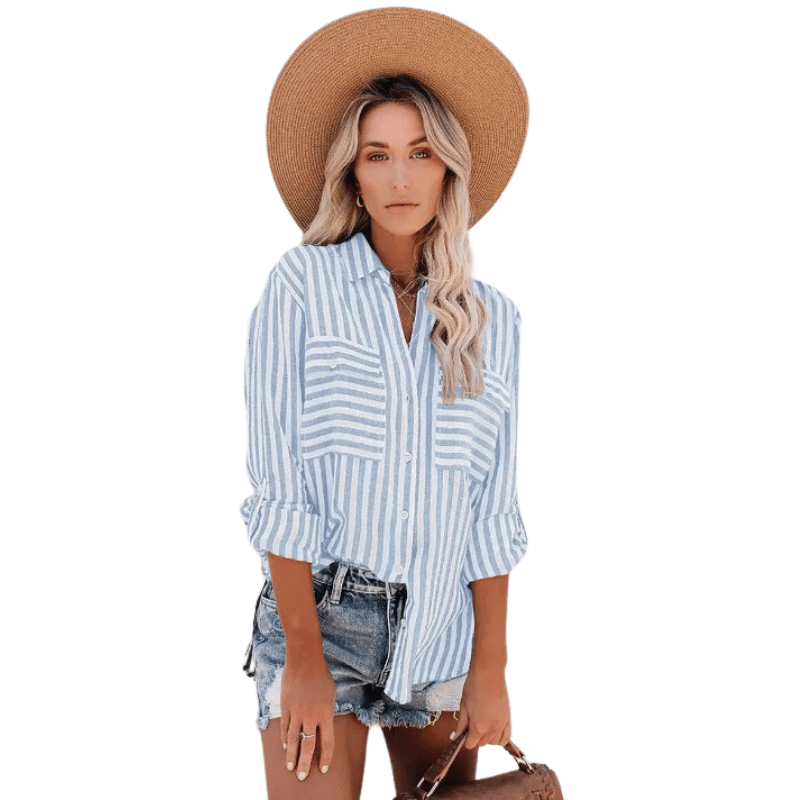 Camisa Feminina Listrada Manga Longa Azul Claro - Vilumagazine