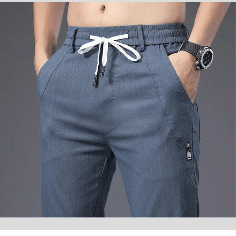 Calça Casual Masculina Reta de Cintura Alta com Cordão Elástico Azul - Vilumagazine