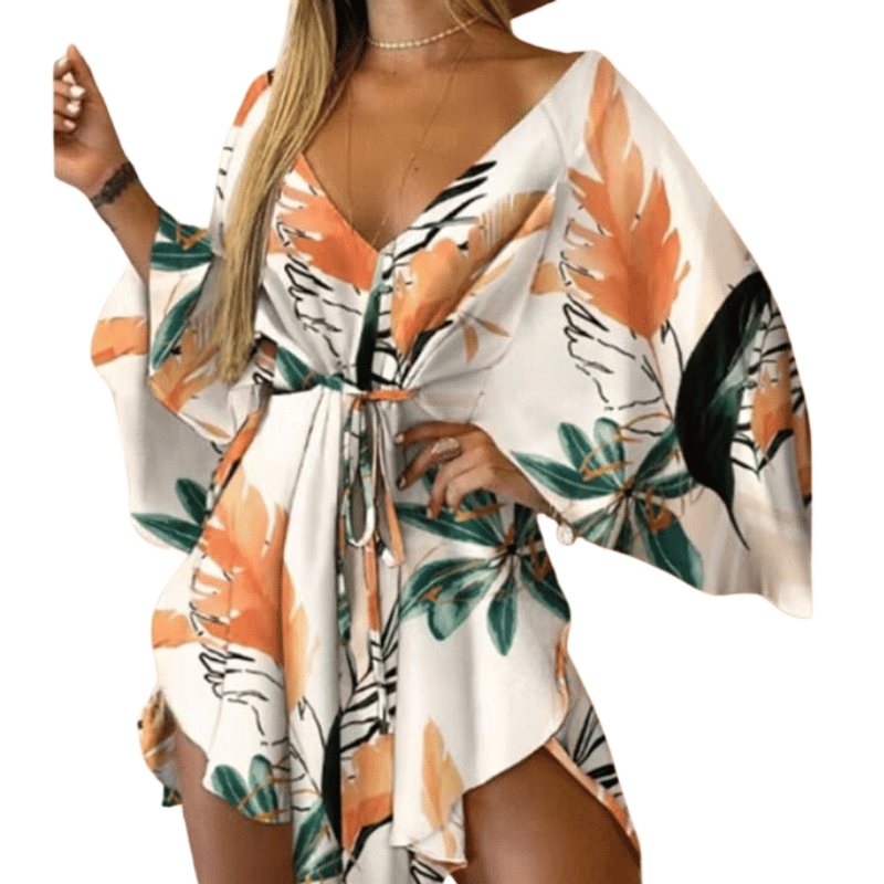 Vestido Feminino Mini com Estampa Floral Branco e Laranja - Vilumagazine