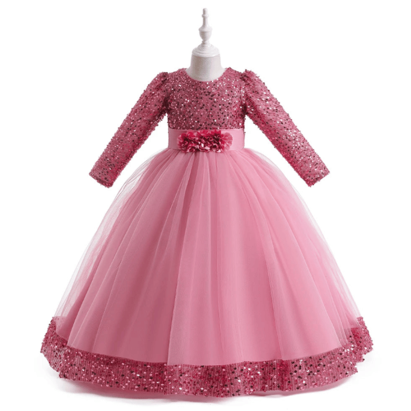 Vestidos de Festa Infantil Estilo Princesa Com Manga Longa Rosa - Vilumagazine