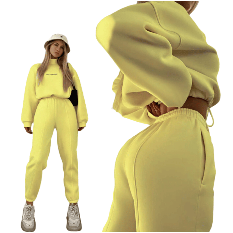 Conjunto de Moletom Feminino de Duas Peças Confortável Amarelo - Vilumagazine