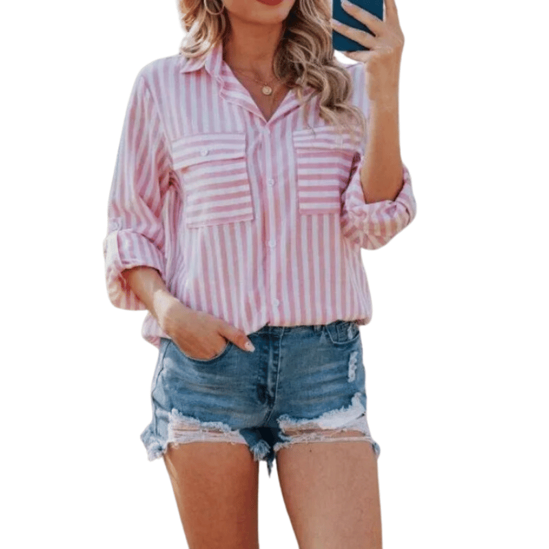 Camisa Feminina Listrada Manga Longa Rosa - Vilumagazine