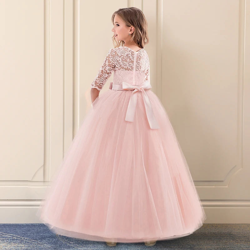 Vestidos infantil de Renda Longo Cintura Alta Rosa- Vilumagazine