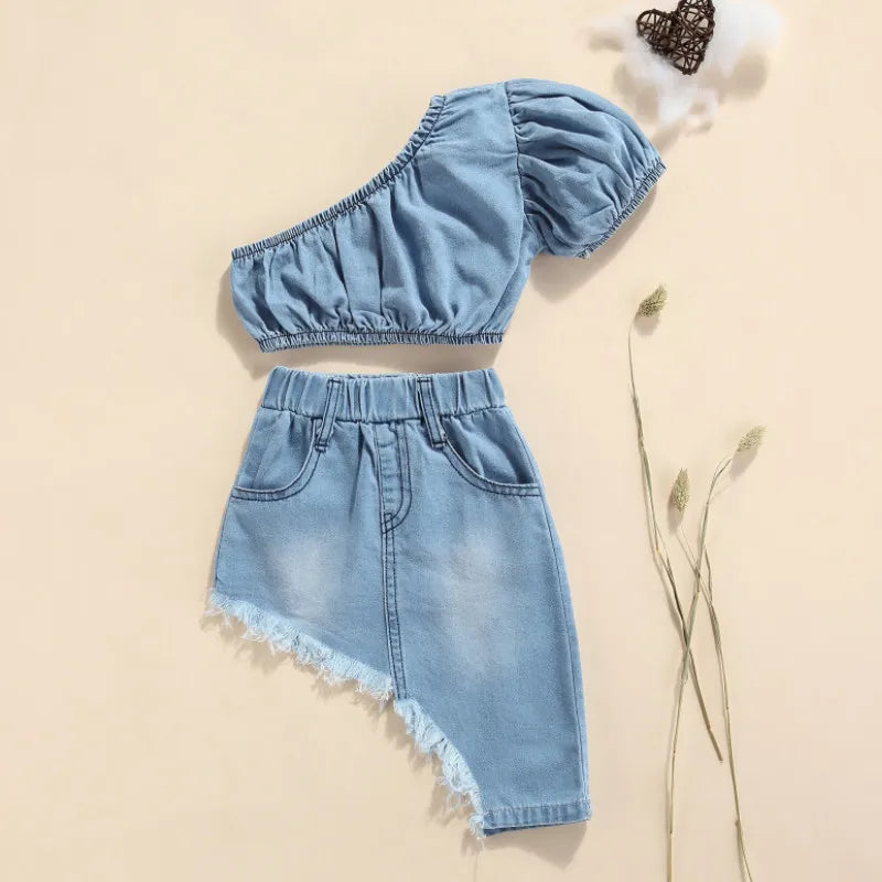 Conjunto Infantil em Denim Para Meninas com Blusa e Saia Assimétrica Azul - Vilumagazine