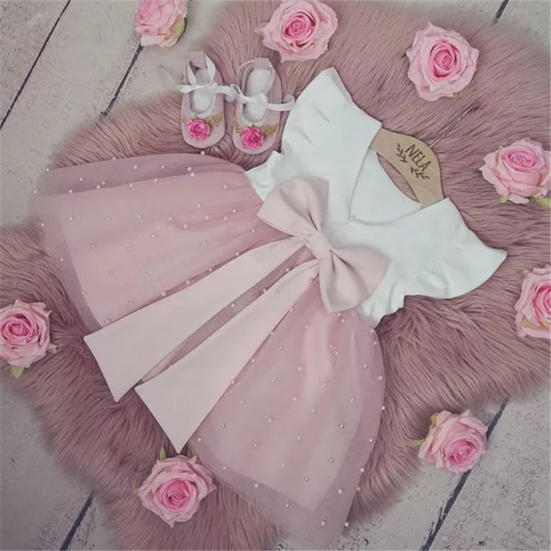 Vestido Infantil Tutu com Pérolas e Laço Rosa - Vilumagazine