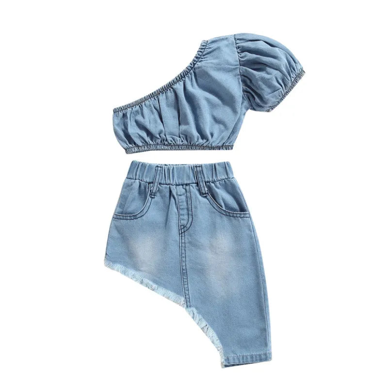 Conjunto Infantil em Denim Para Meninas com Blusa e Saia Assimétrica Azul - Vilumagazine