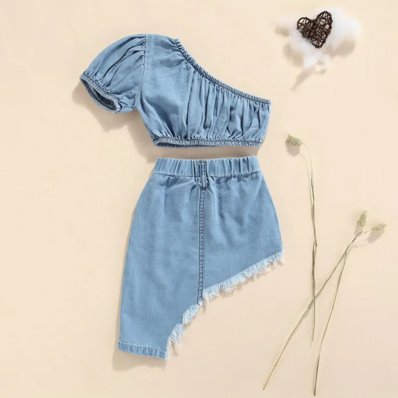 Conjunto Infantil em Denim Para Meninas com Blusa e Saia Assimétrica Azul - Vilumagazine