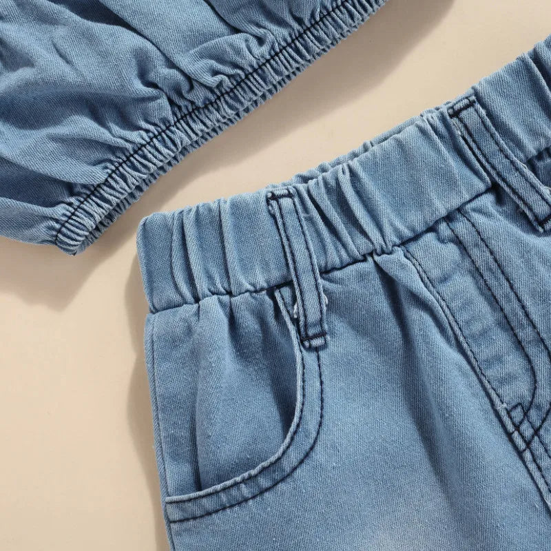 Conjunto Infantil em Denim Para Meninas com Blusa e Saia Assimétrica Azul - Vilumagazine