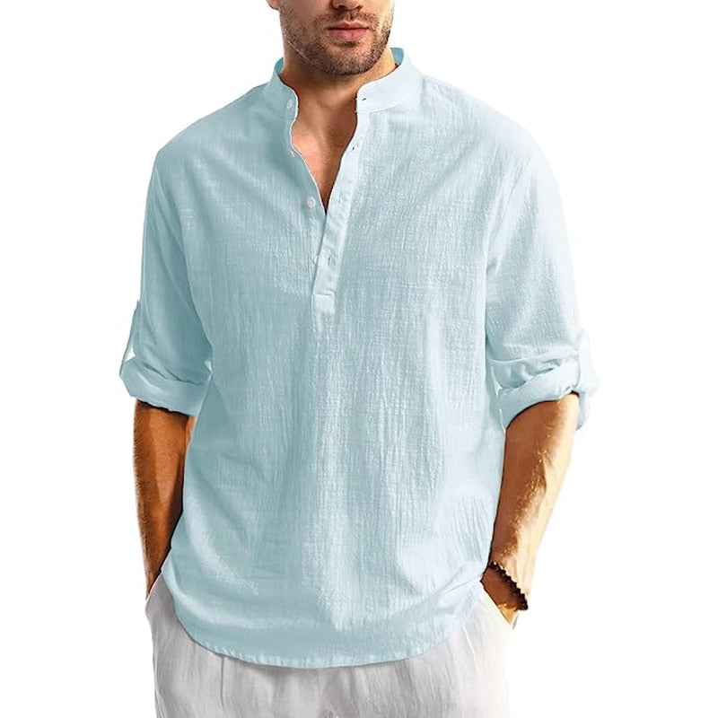 Camisa Masculina de Linho Manga Comprida Casual - Azul - Vilumagazine