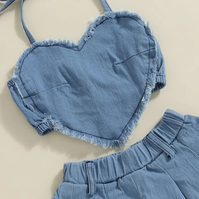 Conjunto Jeans Infantil Top Coração e Saia Plissada Azul - Vilumagazine