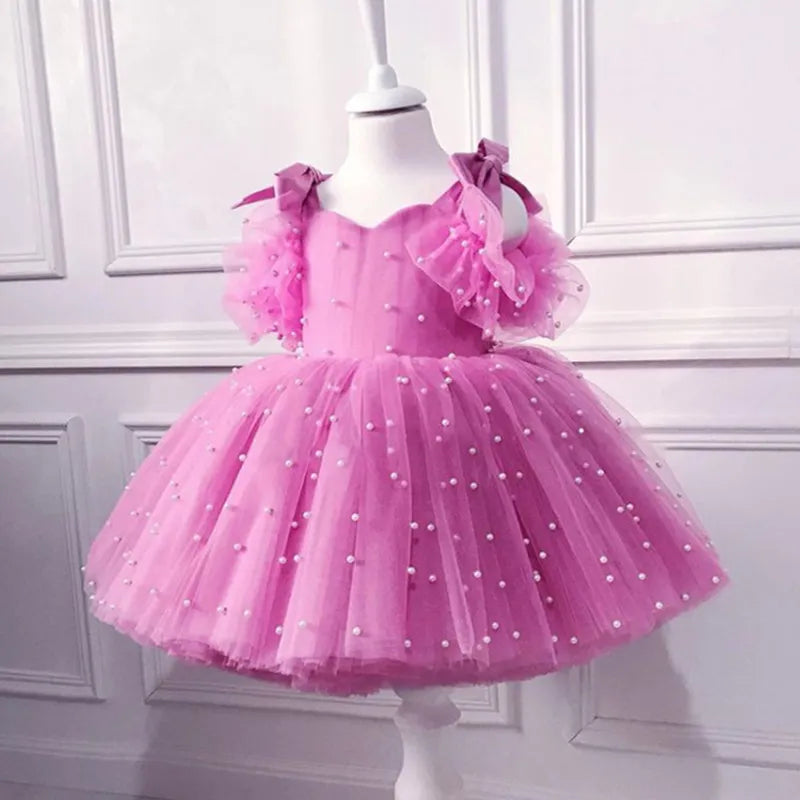 Vestido Infantil Princesa com Pérolas de Malha - Rosa 2 - Vilumagazine