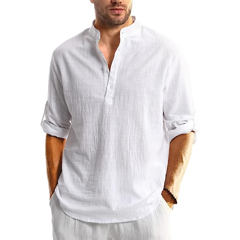 Camisa Masculina de Linho Manga Comprida Casual - Branca - Vilumagazine