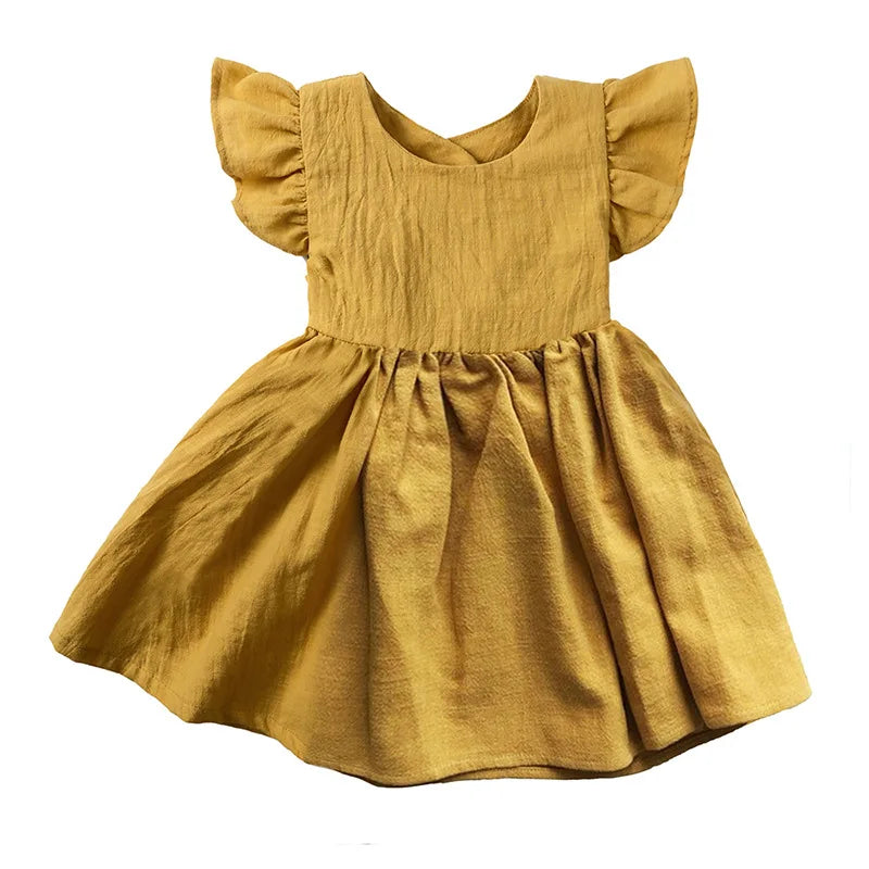 Vestido Infantil com Mangas Voadoras, em Algodão e Linho Amarelo - Vilumagazine