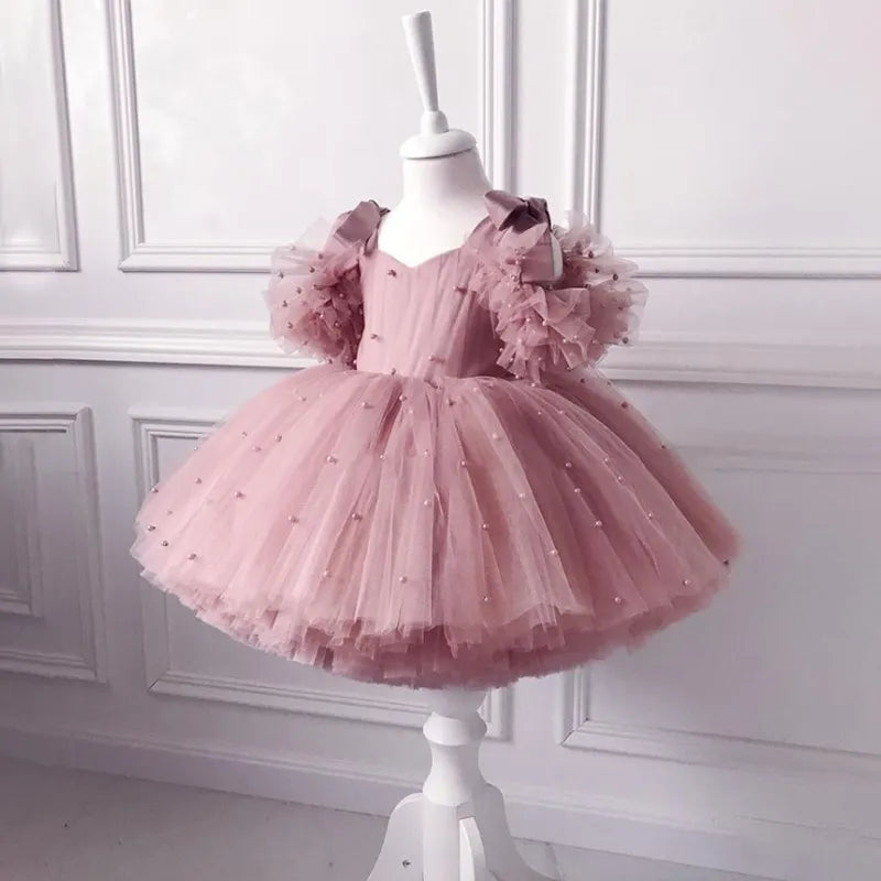 Vestido Infantil Princesa com Pérolas de Malha - Rosa 1 - Vilumagazine