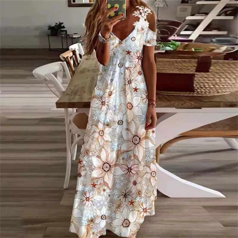 Vestido Verão Decote V Branco Rosa - Vilumagazine