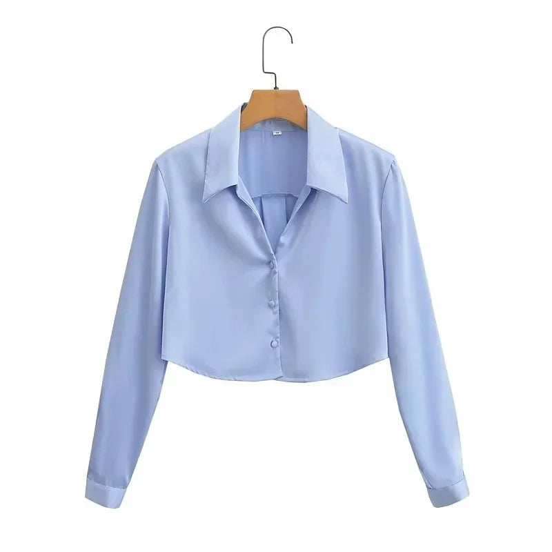 Camisa Feminina Cropped de Manga Longa Azul Claro - Vilumagazine